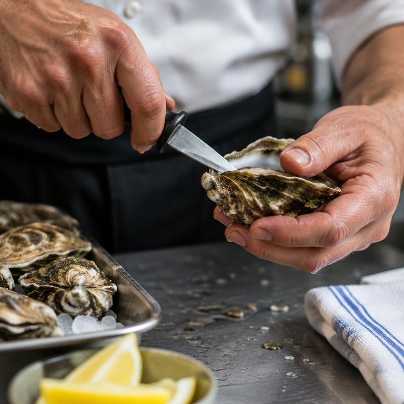 Mani dello chef che aprono un'ostrica