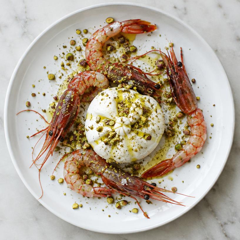 Burrata con gamberi rossi e granella di pistacchio
